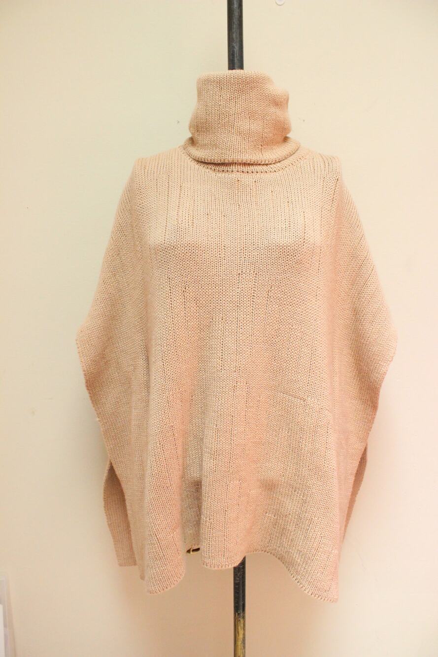 Electric Feathers Camel Tan Knit Turtleneck Cotton Poncho O/S
